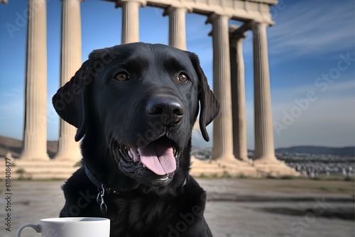 a happy 2yearold black labrador retreiver enjoys a cup of coffee in front of The Temple of Olympian Zeus in ancient Greece  photo