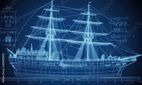 The technical drawing of the ship outlines its intricate hull structure and propulsion system. Creating using generative AI tools