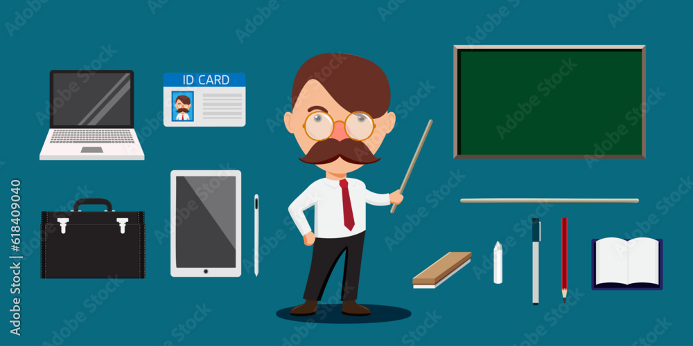 Young mustache teacher man with equipment for teach in class