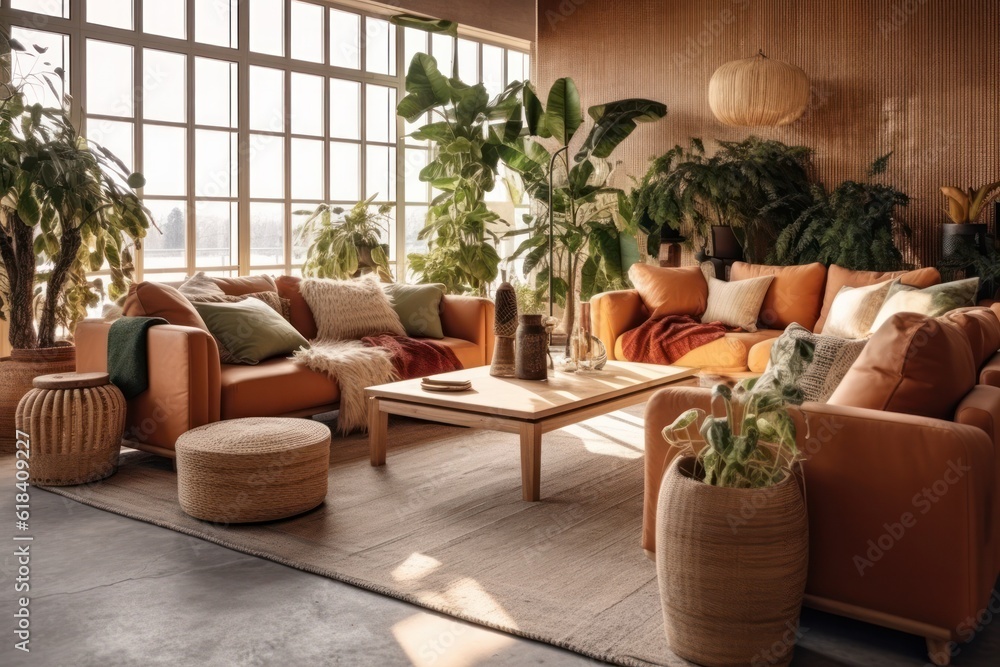 Natural Living Room Sanctuary with Designer Furniture, High Ceilings, and Elegant Decorative Accents.Decorative plants, armchairs, rug Natural Living Room Sanctuary with Designer Furniture, High Ceilings, and Elegant Decorative Accents.Decorative plants, armchairs, rug