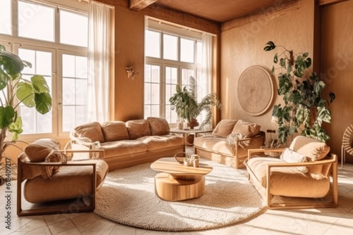 Natural Living Room Sanctuary with Designer Furniture, High Ceilings, and Elegant Decorative Accents.Decorative plants, armchairs, rug © aboutmomentsimages