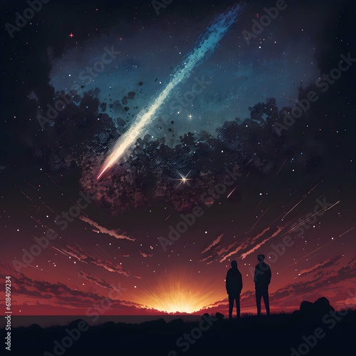 2 people point to the sky as a briliant meteor blazes by 