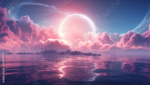 Circle of light floating in the sky and clouds over the calm sea waters, light white and pink colors, calm waters, dreamlike concept.