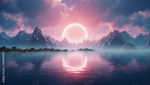 Circle of light floating in the sky and clouds over the mountains and calm lake waters, light white and pink colors, calm waters, dreamlike concept.