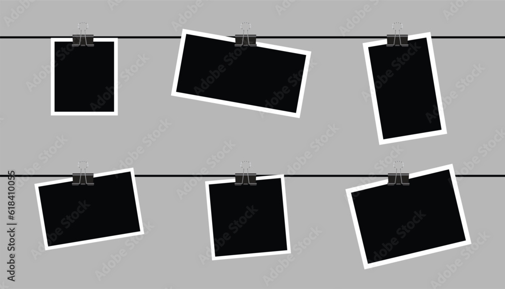 Photo frame mockup design. Blank frame set hanging on a clip. set realistic photo card Photo frame mockup design. Blank frame set hanging on a clip. set realistic photo card