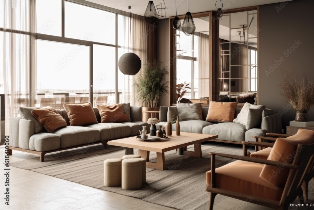 Natural Living Room design with stylish Furniture, High Ceilings, and Elegant Decorative Accents.Decorative plants, armchairs, rug Natural Living Room design with stylish Furniture, High Ceilings, and Elegant Decorative Accents.Decorative plants, armchairs, rug