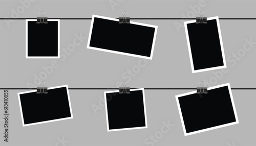 Photo frame mockup design. Blank frame set hanging on a clip. set realistic photo card