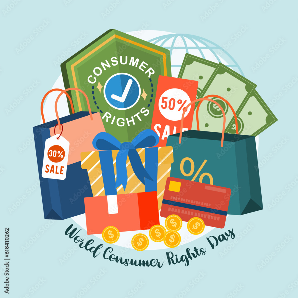World Consumer Rights Day, shopping symbol with hand rights design for banner, poster, vector illustration.