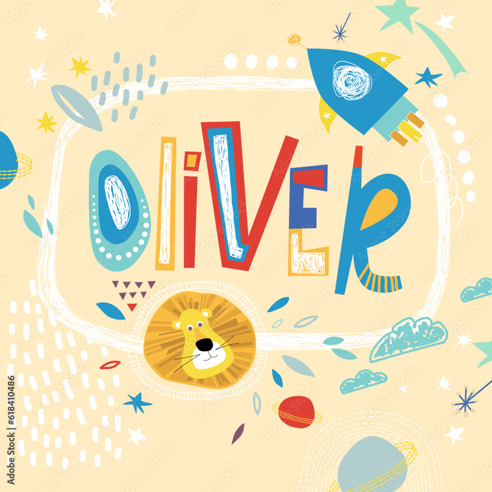 Bright card with beautiful name Oliver in planets, lion and simple forms. Awesome male name design in bright colors. Tremendous vector background for fabulous designs