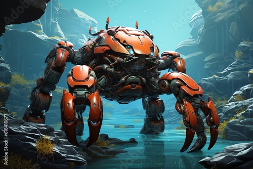 Robot lobster scuttling along a rocky seafloor mechanism wallpaper