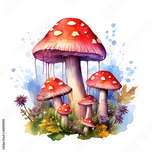 Watercolor magic mushroom on white background