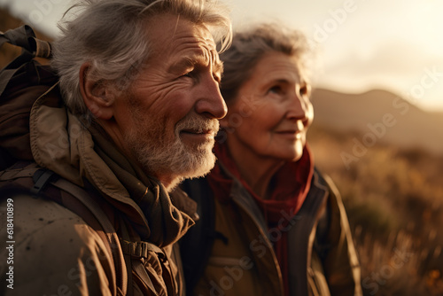 Happy senior couple hiking with backpacks in mountains in autumn at sunset enjoying nature, AI generated