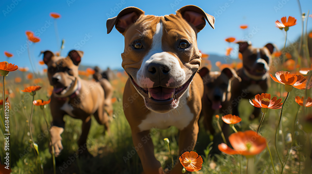 American Staffordshire Terrier, Portrait auf der Wiese, Generative A American Staffordshire Terrier, Portrait auf der Wiese, Generative A