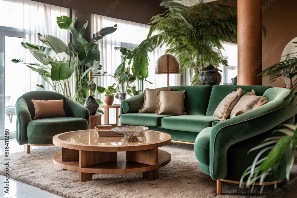 Obraz premium Elegant living room with a close-up of a comfortable sofa, area rug, and mid-century modern furniture