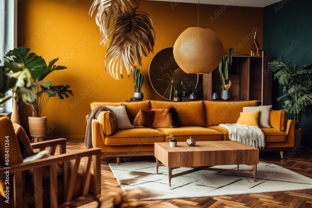 Elegant living room with a close-up of a comfortable sofa, area rug, and mid-century modern furniture Elegant living room with a close-up of a comfortable sofa, area rug, and mid-century modern furniture