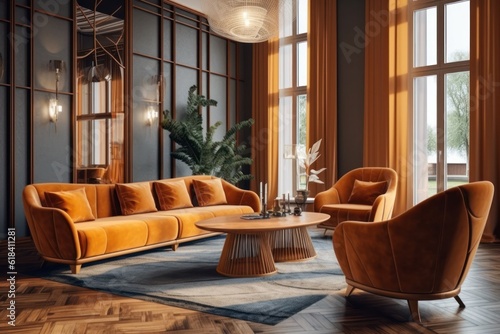 Elegant living room with a close-up of a comfortable sofa, area rug, and mid-century modern furniture © aboutmomentsimages