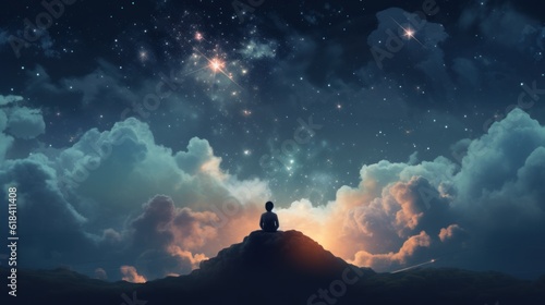 Minimalist portrayal of a person sitting on a cloud, gazing at the stars, representing wonder and contemplation | generative ai
