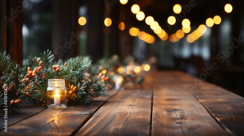 Empty wooden table with a festive Christmas