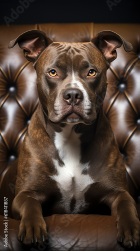 American Staffordshire Terrier, Portrait auf einem Ledersessel, Generative AI