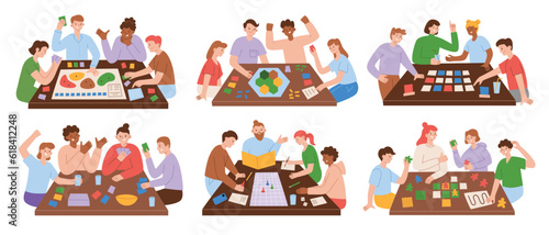 People playing board games. Tabletop game at home. Hand drawn set of compositions. Family, friends spending time together. Collection of cartoon characters at table. Vector illustrations of boardgames