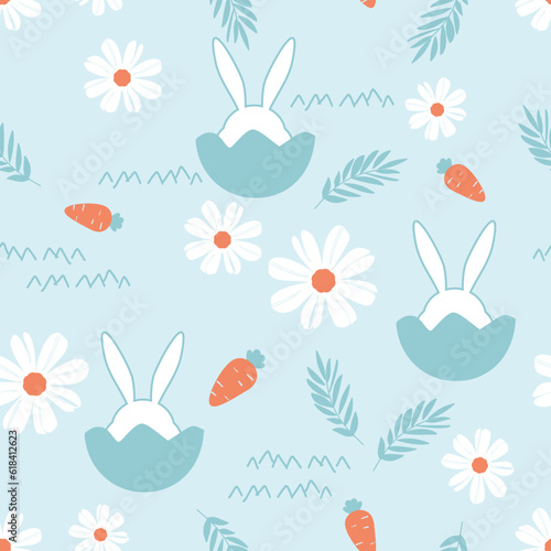Seamless pattern with bunny rabbit cartoons, egg shell, branch and daisy flower on blue background vector illustration. Cute childish print.