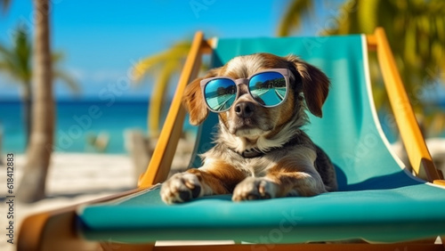Happy dog. Dog wearing sun glasses sitting on Ledge Lounger. © Art.disini