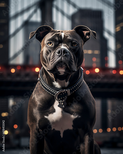 American Staffordshire Terrier, Portrait in der City, Generative AI