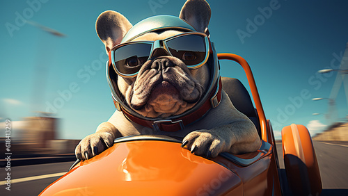 Bulldog wearing racing helmet with race glasses drives in vintage orange pedal car. © Art.disini