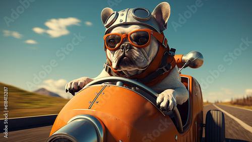Bulldog wearing racing helmet with race glasses drives in vintage orange pedal car.