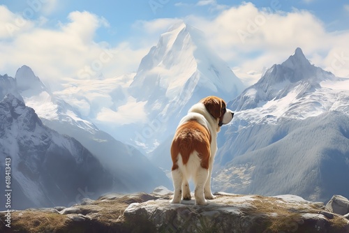 A Saint Bernard dog overlooking a Swiss alpine scene