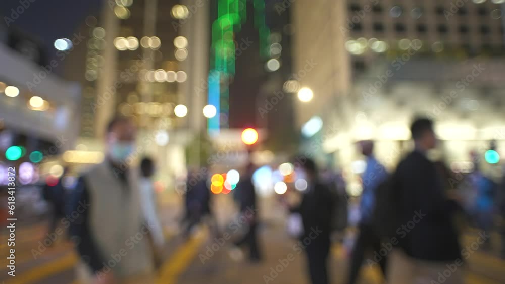 Slow motion people walking on street and many transport in central business district at night, Hong Kong Slow motion people walking on street and many transport in central business district at night, Hong Kong