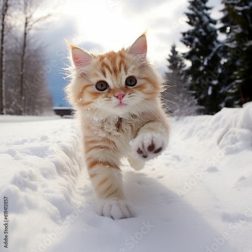 Cute little kitten stepping in the snow