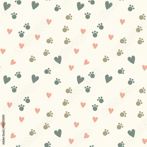 Dog Paw Cat Paw heart love puppy foot print kitten vector Seamless Pattern wallpaper background. Good for textile, fabric, zoo shops advertising, wrapping paper