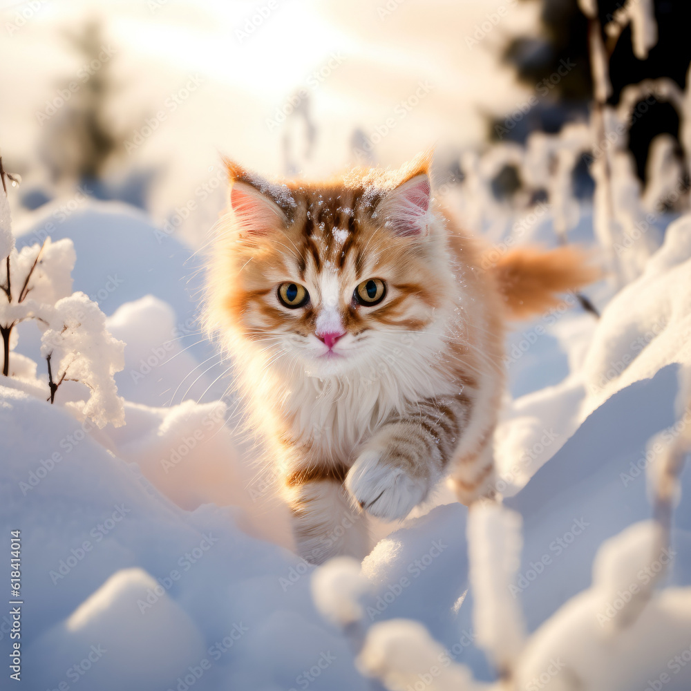 Cute little kitten stepping in the snow