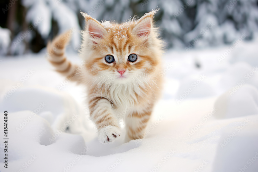 Cute little kitten stepping in the snow