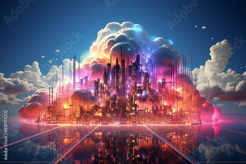 A virtual city as a cloud of data concept. Futuristic technology illustrated with luminous neon 3d objects and multicolored landscapes.