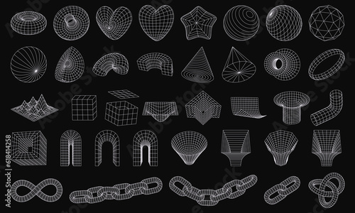 Set of wireframe 3D geometric shapes. Wire frame abstract figures. Distorted mesh grids. Chain, cone, Infinity Symbol, arc, star, sphere, knot. Isolated Graphic design elements