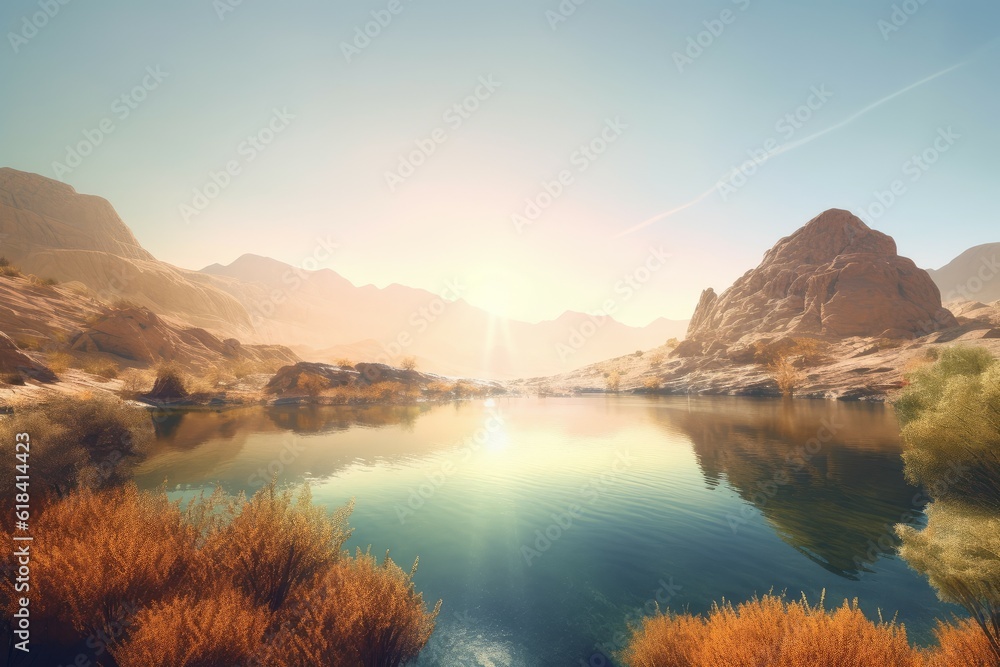 Fototapeta premium Desert midday oasis lake. Generate Ai