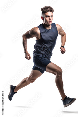 Handsome young man running and looking at camera isolated on white, Generative AI