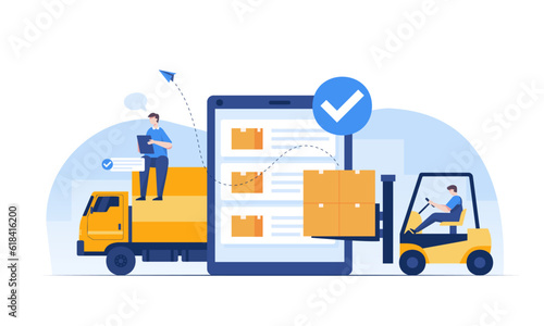 Warehouse staff wearing uniform Loading parcel box and checking product from warehouse.