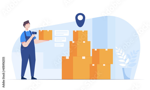Warehouse staff wearing uniform Loading parcel box and checking product from warehouse.