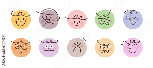 Cute people facial expression icons. A collection of simple face stickers drawn with pencil lines in a circle.
