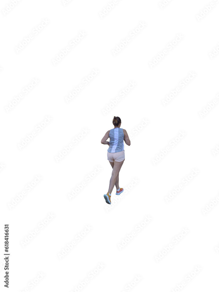 Femme adulte vue de dos, environ 30 ans, courant en été, en débardeur bleu et short clair, baskets colorées, cheveux attachés Femme adulte vue de dos, environ 30 ans, courant en été, en débardeur bleu et short clair, baskets colorées, cheveux attachés