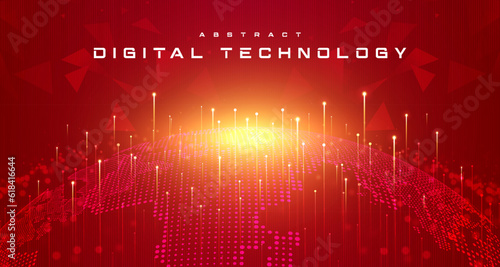 Digital technology worldwide global network internet connection red background, Abstract cloud cyber tech futuristic map world, Ai big data, Innovation 5g wireless wifi future, illustration vector