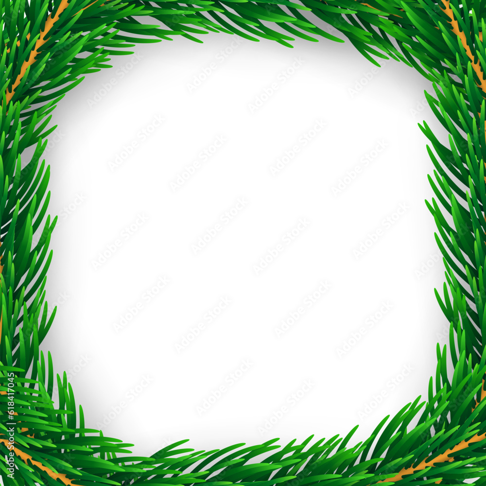 Christmas branch frame 3D. Green garland border isolated on white background. Template texture for holiday banner, decoration, invitation, New Year card. Elegant realistic design Vector illustration Christmas branch frame 3D. Green garland border isolated on white background. Template texture for holiday banner, decoration, invitation, New Year card. Elegant realistic design Vector illustration