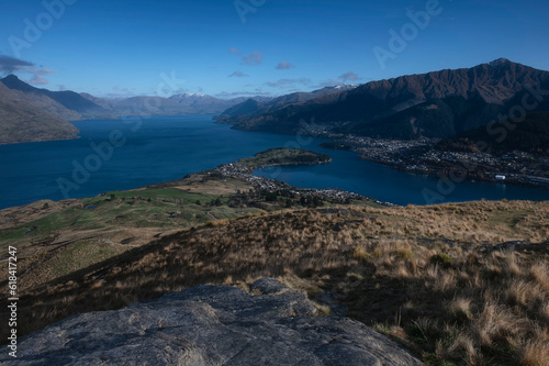 View of Queenstown and Lake Wakatipu from the peak of Deer Park Heights, New Zealand South Island