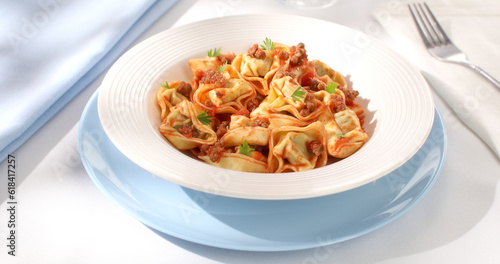 tortelloni with bolognese sauce. classic Italian pasta with spinach and ricotta in tomato-meat sauce. dish of mediterranean cuisine on a light background. food on the table on a sunny day.