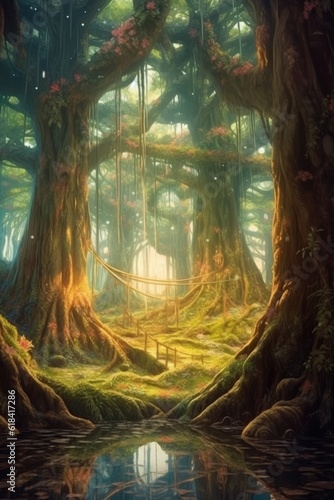 The digital painting showcases a lovely enchanted forest. (Illustration, Generative AI) © HandmadePictures