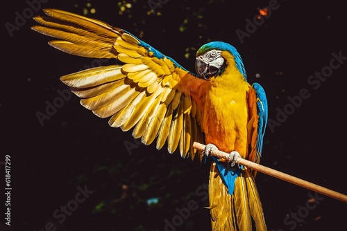 Exotic yellow and blue macaw parrot on a branch with its wing out