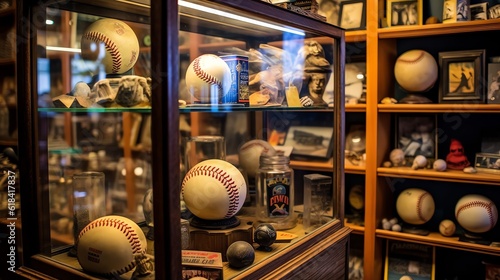 A vintage baseball inside a sports memorabilia display